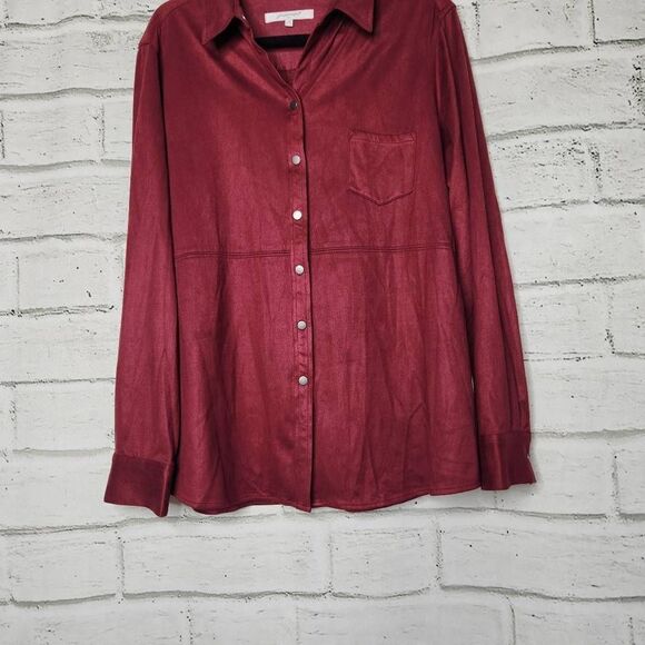 Foxcroft NYC Collared Chest Pocket Full Snap Button-Up Top Maroon Size 18 Suede - Picture 4 of 13